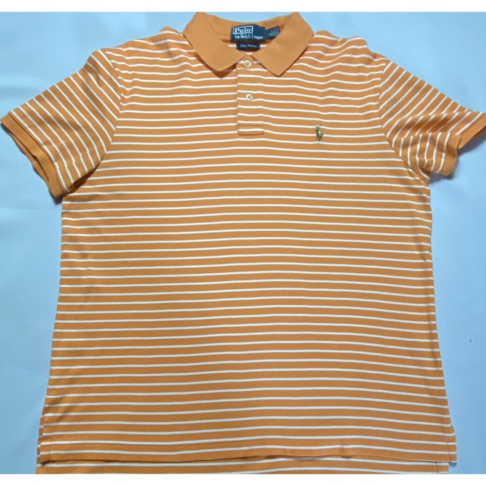 Polo Ralph Lauren Mens 2 Button Short Sleeve Orange White Striped Polo Shirt L
